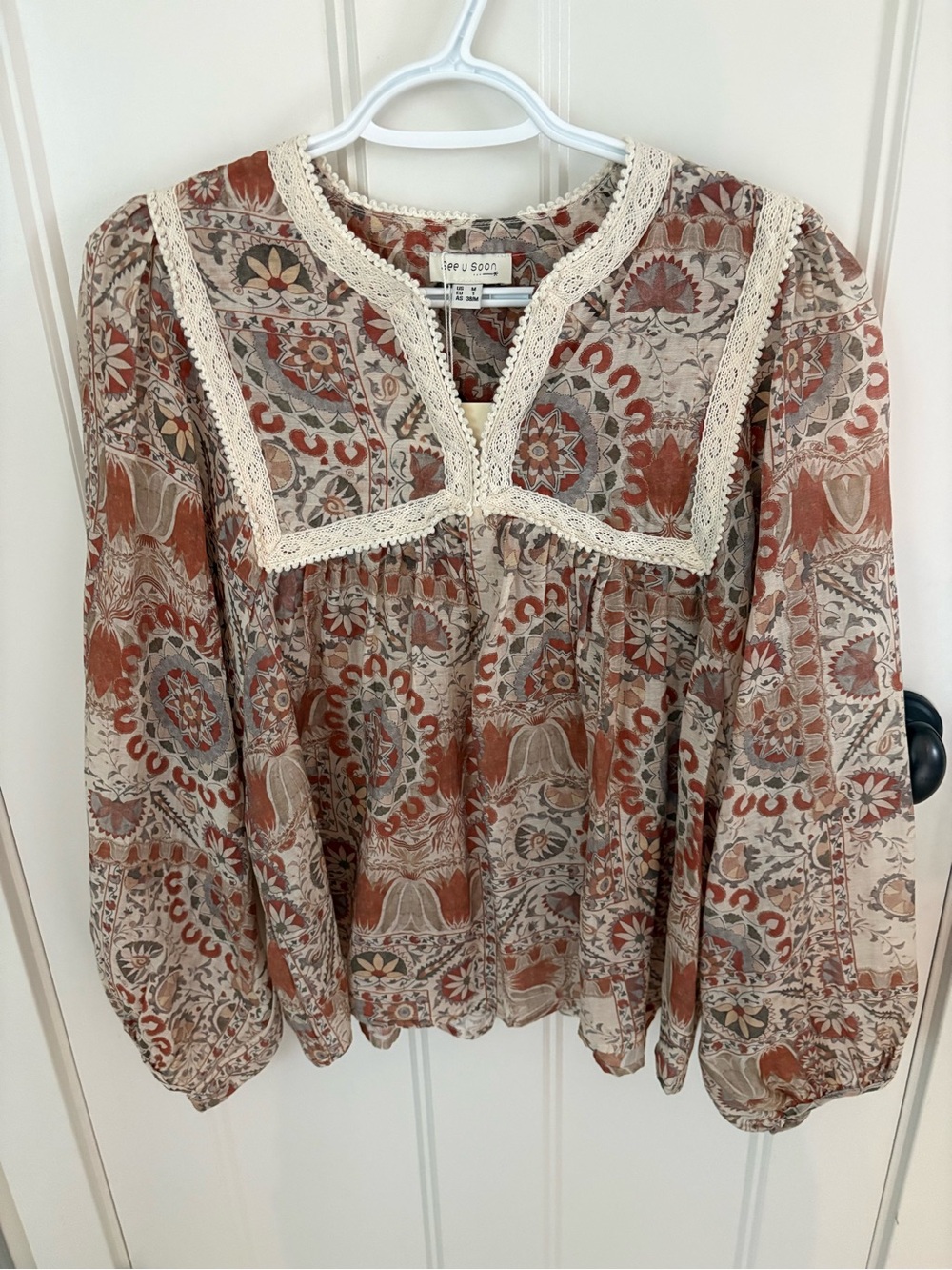Anthropologie/ See U Soon Beige & Rust Printed Lace-Trim Peasant Blouse NWT